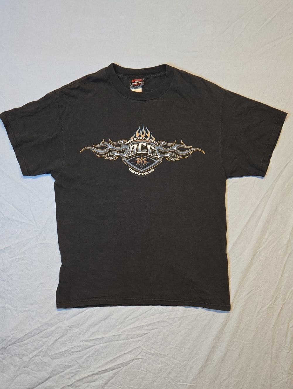 Orange County Choppers Black Graphic T Shirt with Center Flame Emblem Logo Y2K